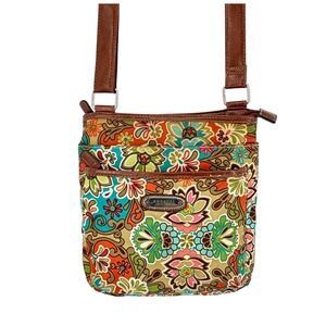 Rosetti Floral Canvas Crossbody Bag Brown Vegan Leather Trim Multicolor Boho
